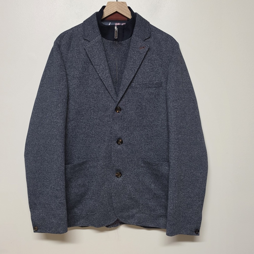 Ted Baker Mens Cole Layered Look Navy Blue Herringbone Blazer Jacket Sz 7 US 3XL